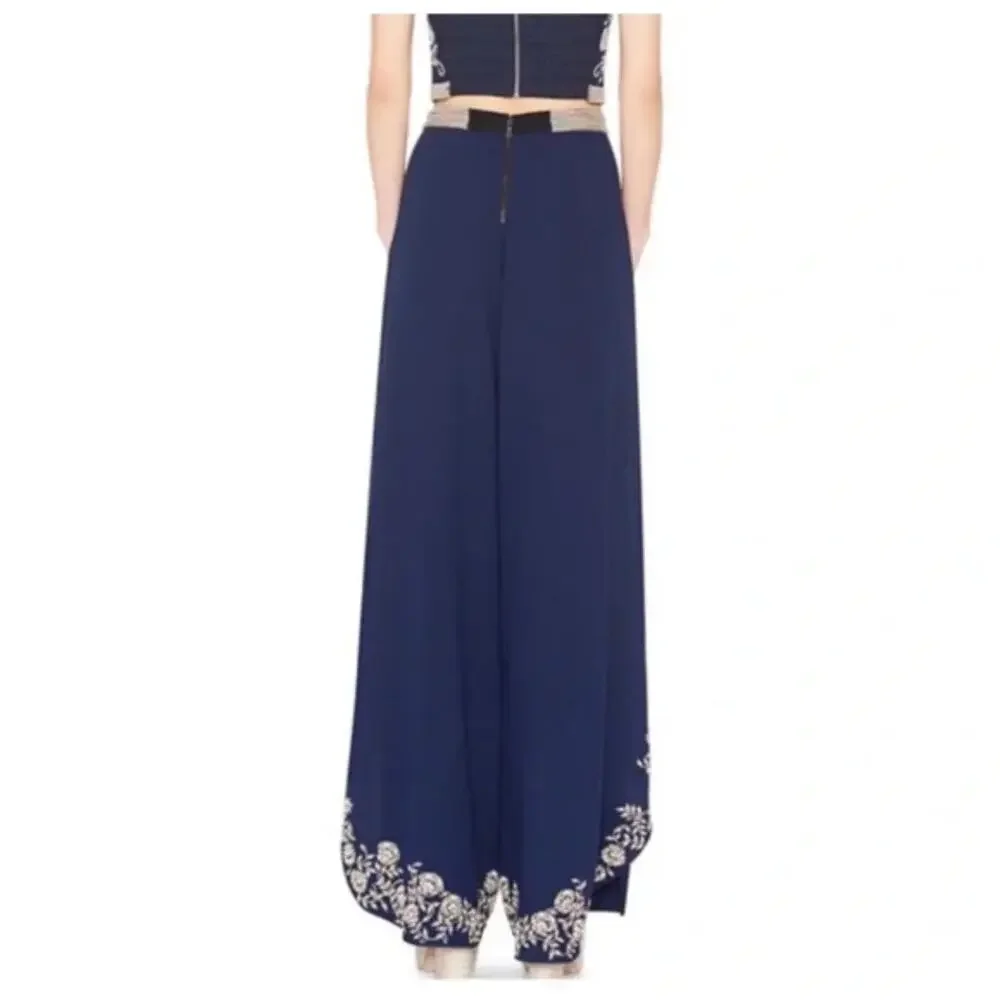 0262 Alice + Olivia Beaded Pearl Floral Wide Leg Pants Black Size 2 - Picture 2 of 7
